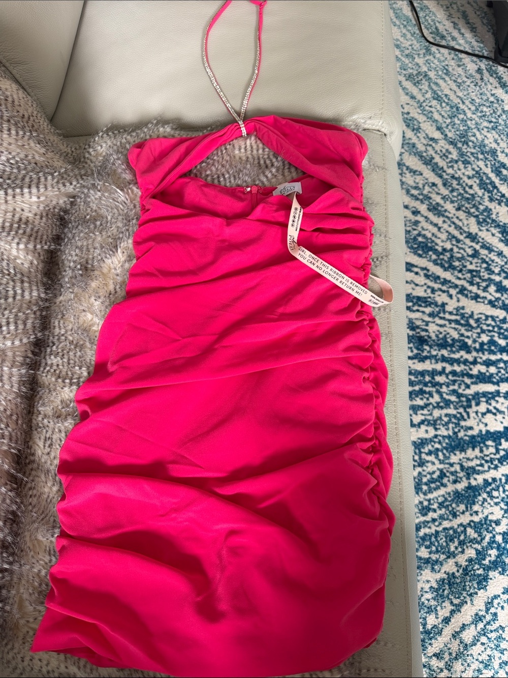 Oh Polly Hot Pink Ruched Halter Dress